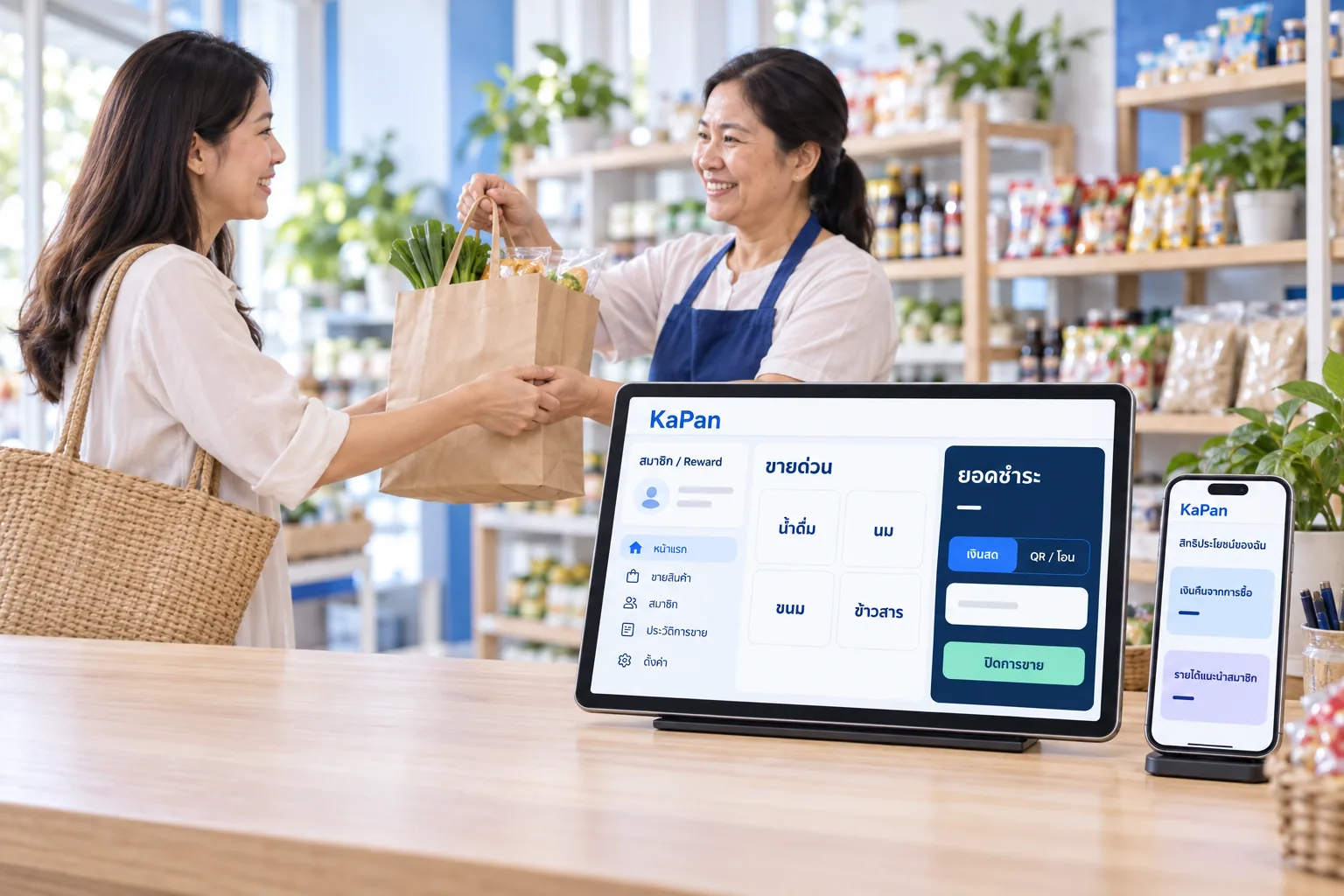 ภาพจำลองค้าปันในร้านค้าชุมชน แสดงร้านค้าและลูกค้า พร้อมหน้าขาย POS และสิทธิประโยชน์สมาชิก
